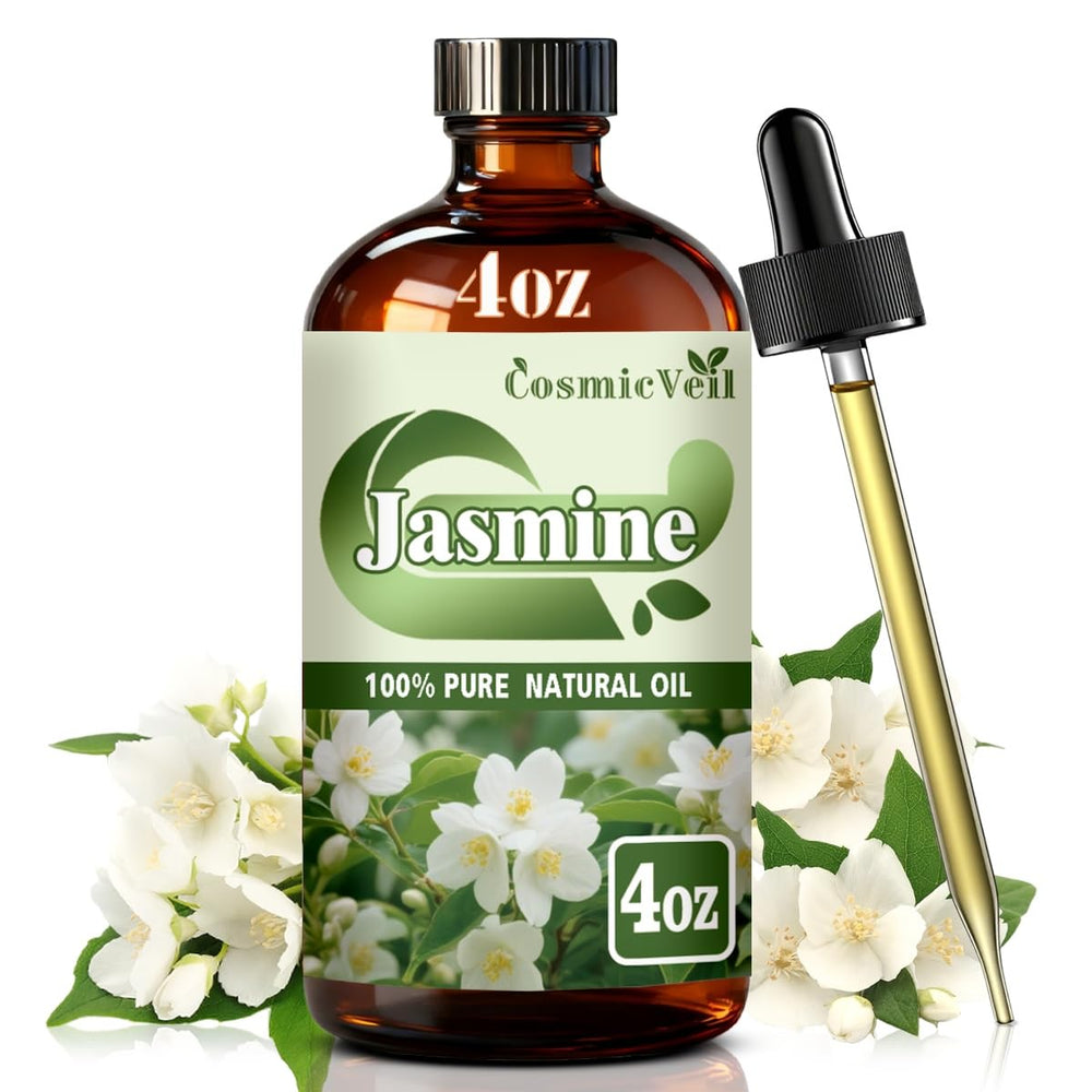 CosmicVeil Jasmine essential oil bottle with dropper for easy, mess-free application.