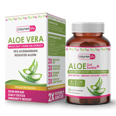 Cosynee Life Aloe Vera bottle pour highlights acemannan-rich extract for daily use.