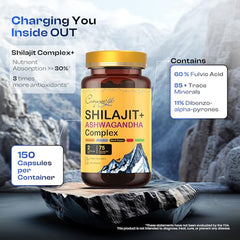 Cosynee Shilajit capsules with Ashwagandha and Cinnamon, rich in fulvic minerals.
