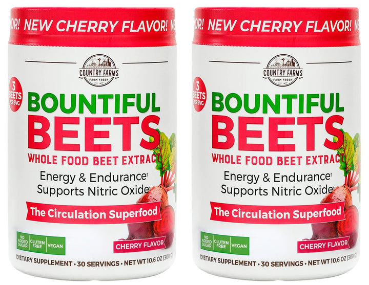 Country Farms Bountiful Beets Powder bottle on counter, supports natural energy and circulation.