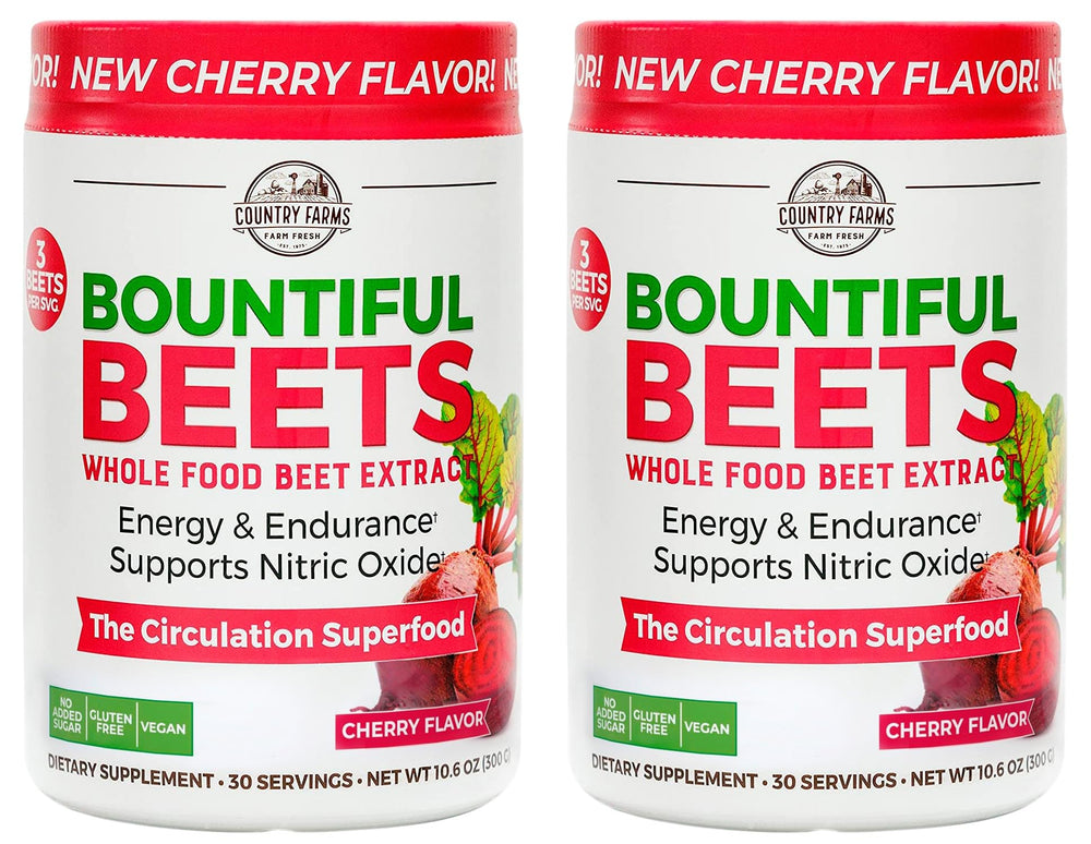 Country Farms Bountiful Beets Powder bottle on counter, supports natural energy and circulation.