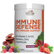 Country Farms Immune Defense powder bottle being poured for daily immune support.