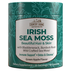 Country Farms Irish Sea Moss Gummies bottle front for daily vegan wellness.