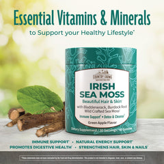 Country Farms Irish Sea Moss Gummies ingredients display with bladderwrack and burdock.
