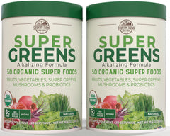 Country Farms Super Greens bottle front shows 50 organic ingredients for daily nutrition.