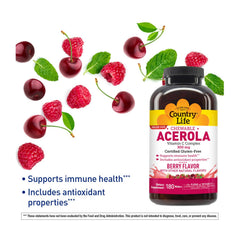Country Life Acerola Vitamin C Wafers packaging box with gluten-free and vegan labels.