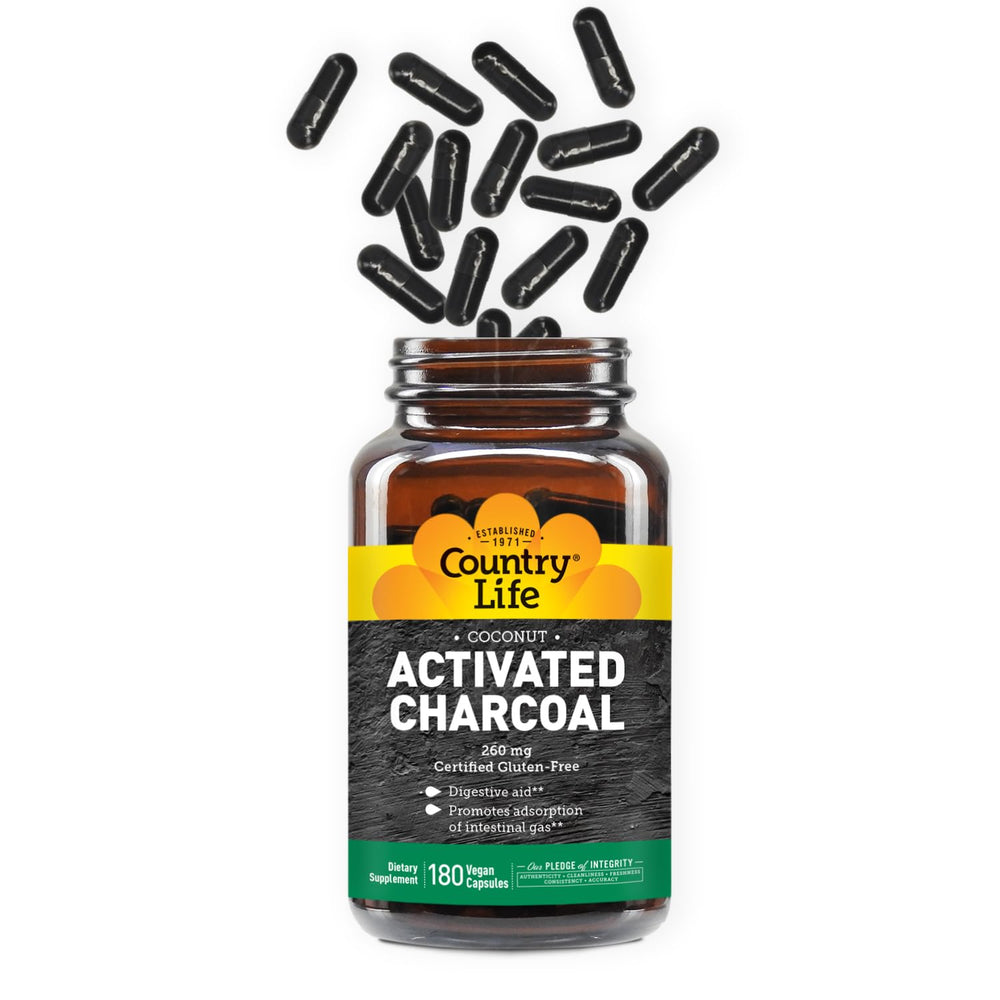 Country Life activated charcoal capsules bottle for digestive comfort.