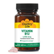 Country Life Vitamin B12 energy bottle with tablets promoting daily vitality.