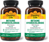 Country Life Betaine HCl with Pepsin bottle front view for digestive support with meals