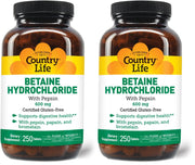 Country Life Betaine HCl with Pepsin bottle front view for digestive support with meals