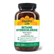 Country Life Betaine HCl with Pepsin bottle shown, supports digestion when taken with meals.