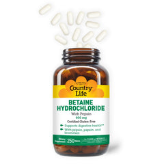 Country Life Betaine HCl with Pepsin label detail highlighting GFCO certification