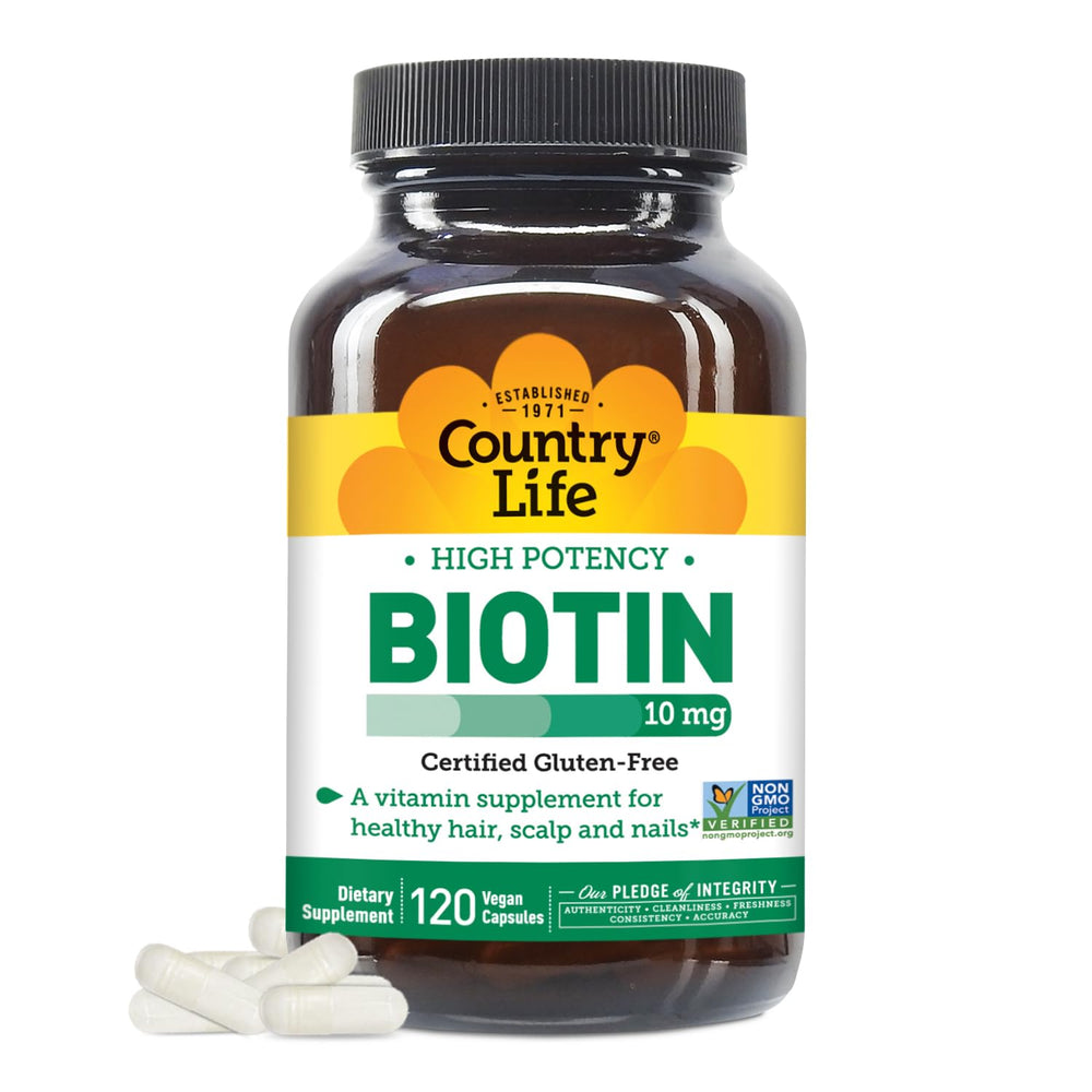 Country Life Biotin 10mg bottle shown for daily high-potency support.