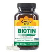 Country Life Biotin 10mg bottle shown for daily high-potency support.