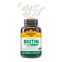 Country Life Biotin gluten-free icon on packaging.