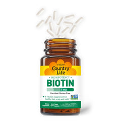 Country Life Biotin High Potency capsules closeup highlighting vegan formula