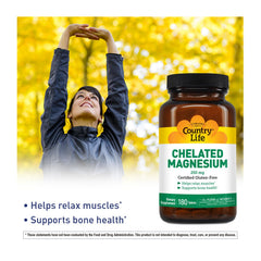 Country Life Chelated Magnesium 250mg bottle back label shows ingredients and gluten-free status