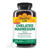 Country Life Chelated Magnesium 250mg bottle on table, highlighting daily bone and immune support.