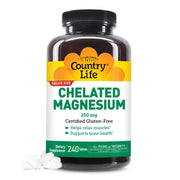 Country Life Chelated Magnesium 250mg bottle on table, highlighting daily bone and immune support.