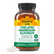 Country Life Chelated Magnesium Glycinate bottle front promotes calm and muscle relaxation.