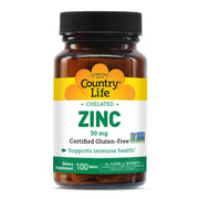 Country Life Chelated Zinc 50 mg bottle emphasizes high absorption for immune support.