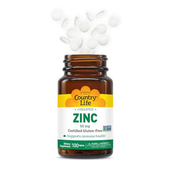 Country Life Chelated Zinc 50 mg tablet close-up highlights purity and daily dosing.