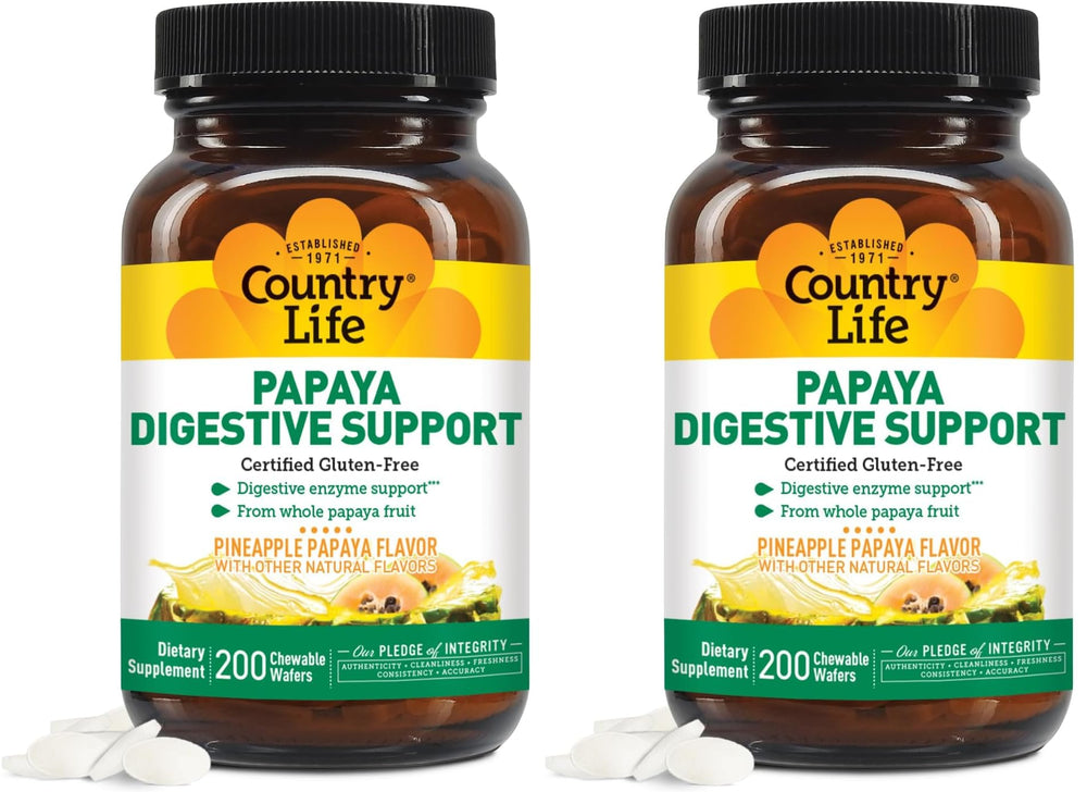 Country Life chewable papaya enzymes bottle for post-meal digestive support.