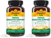Country Life chewable papaya enzymes bottle showcases convenient post-meal support with papain and protease.