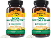 Country Life chewable papaya enzymes bottle showcases convenient post-meal support with papain and protease.