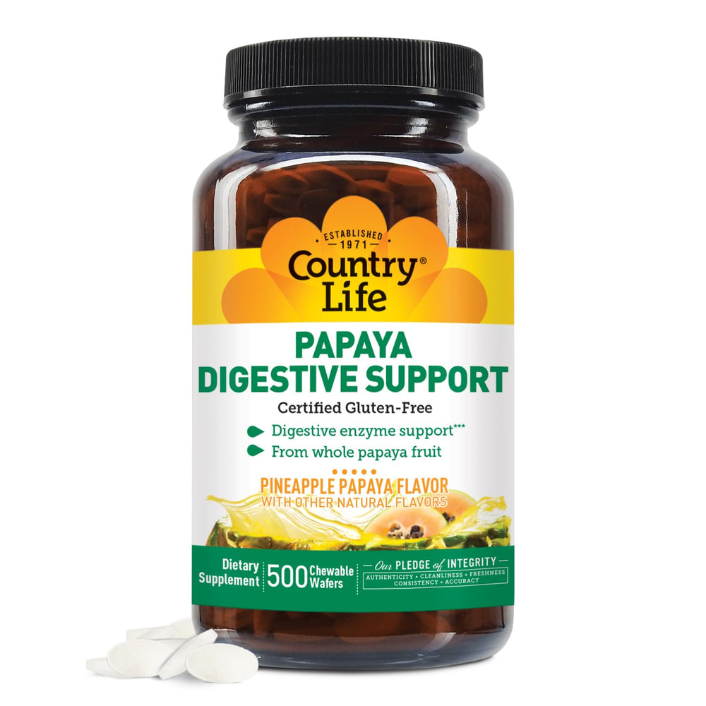 Country Life chewable papaya enzymes bottle with pineapple papaya flavor for easy digestion