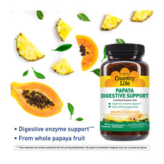Country Life papaya enzymes wafers closeup highlights tasty pineapple-papaya flavor for easy daily use.