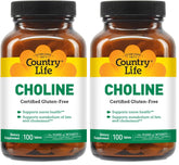 Country Life Choline 266mg bottle label closeup with gluten-free certification visible.