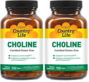Country Life Choline 266mg bottle label closeup with gluten-free certification visible.