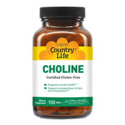 Country Life Choline 266mg bottle shows gluten-free and vegan certifications.