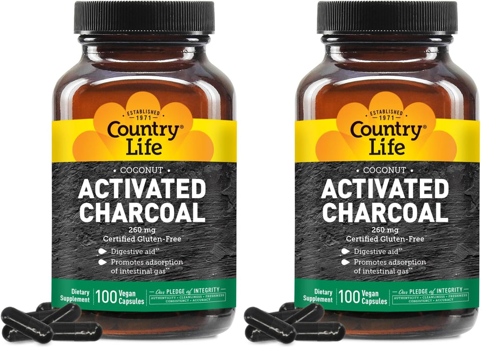 Country Life coconut activated charcoal capsules for digestive support and gas relief.