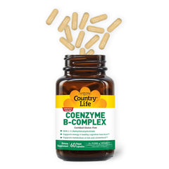 Country Life Coenzyme B-Complex nutrition panel emphasizing vegan and gluten-free features.