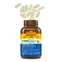 Country Life Core Daily-1 for Men ingredients image highlights saw palmetto and pumpkin seed for overall well-being.