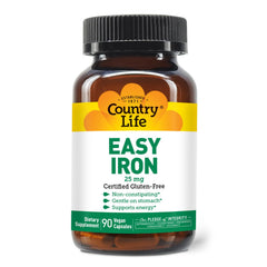 Country Life Easy Iron 25mg bottle shown for gentle, non-constipating iron support.