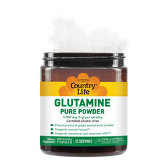 Country Life Glutamine Pure powder dissolving in water showing fast absorption potential.
