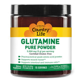 Country Life Glutamine Pure powder tub label showing gluten-free formula for recovery support.