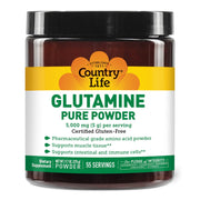 Country Life Glutamine Pure powder tub label showing gluten-free formula for recovery support.