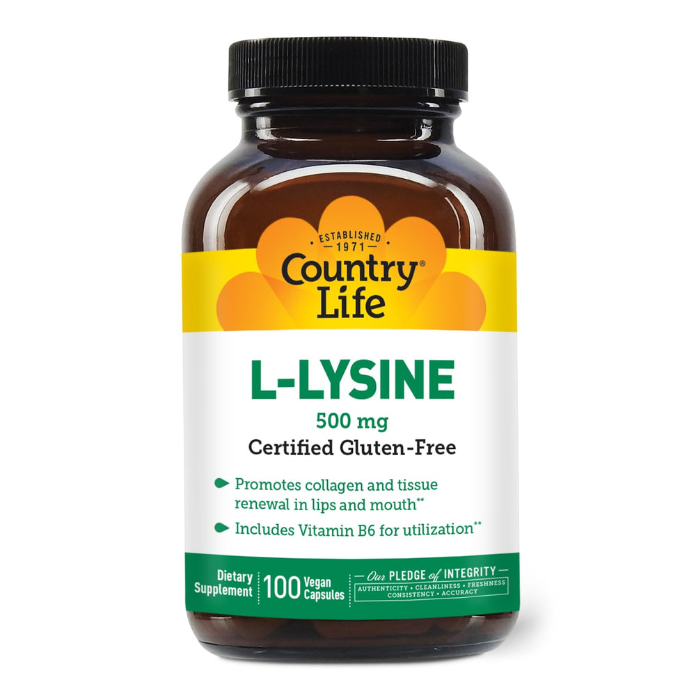 Country Life L-Lysine 500mg with B-6 bottle highlights immune health support.