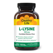 Country Life L-Lysine 500mg with B-6 bottle highlights immune health support.