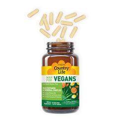 Country Life Max for Vegans tablets closeup showing essential nutrients.