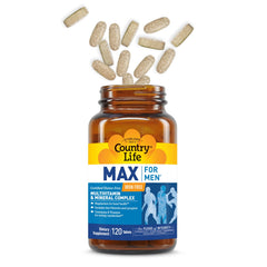 Magnesium symbol and notes on Country Life Max for Men for heart health support.