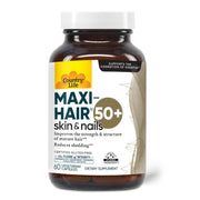 Country Life Maxi-Hair 50+ bottle pour, capsules for supporting healthy aging hair.