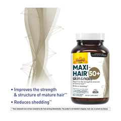 Country Life Maxi-Hair 50+ capsules close-up, rich with keratin and biotin.