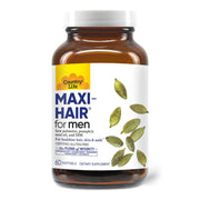 Country Life Maxi-Hair for Men bottle closeup highlighting convenient daily capsules.