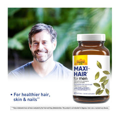 Country Life Maxi-Hair for Men capsules beside the label showing zinc and magnesium for balance.