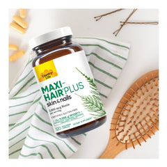 Country Life Maxi-Hair Plus Biotin bottle beside MSM illustration for a nutrient-rich formula